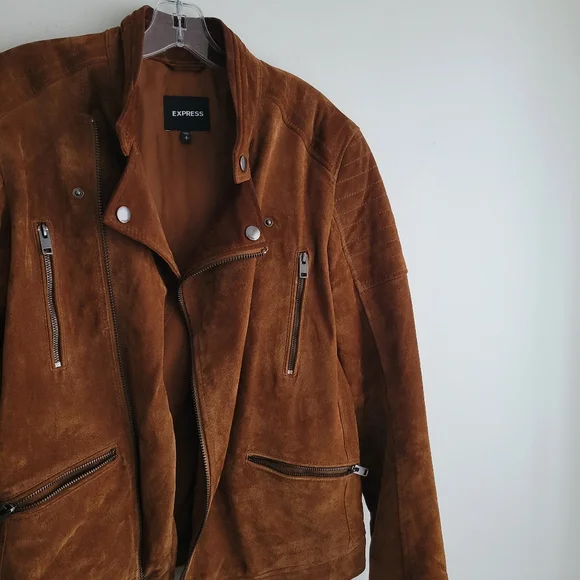 EXPRESS Brown Genuine Suede Peccary Quilted Biker Moto Jacket Unisex - Picture 4 of 6